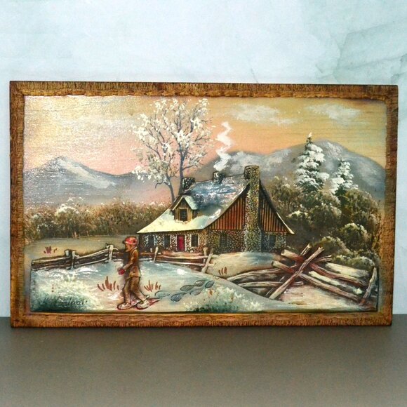 Vintage Layered 3D Winter Cabin Scene Rustic Framed Shadowbox Art Made In Canada - Picture 1 of 9